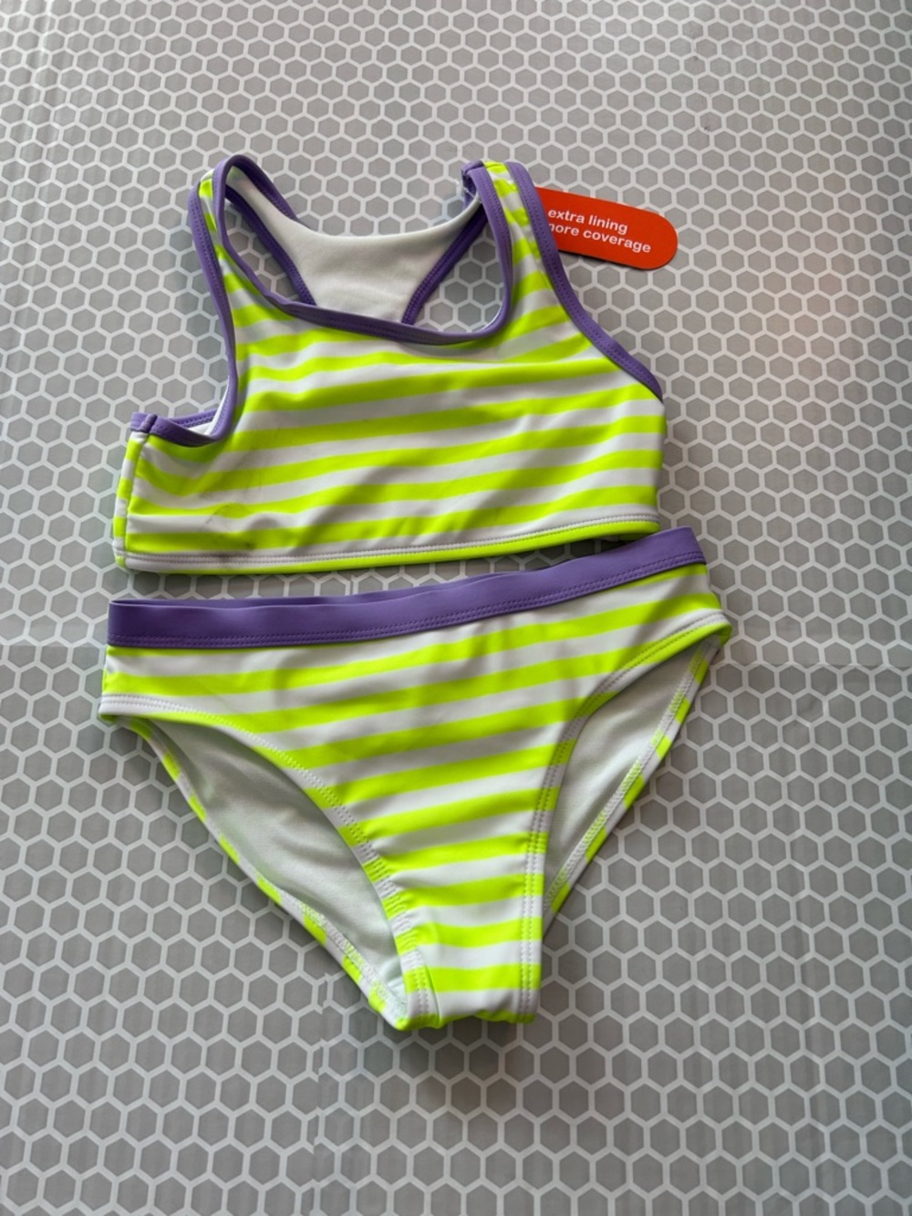 NWT wonder nation Neon Yellow Purple Striped Girls Two-Piece Swim Set. Size M